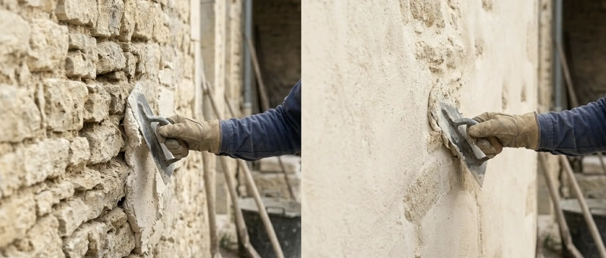 Artisan façadier en train de purger les anciens joints friables d'un mur en moellons